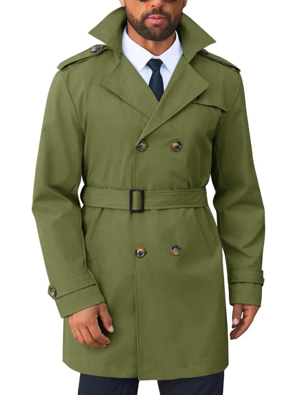 Men's Army Green Trench Coat Double Breasted  Long Jacket Belted Slim Fit Overco